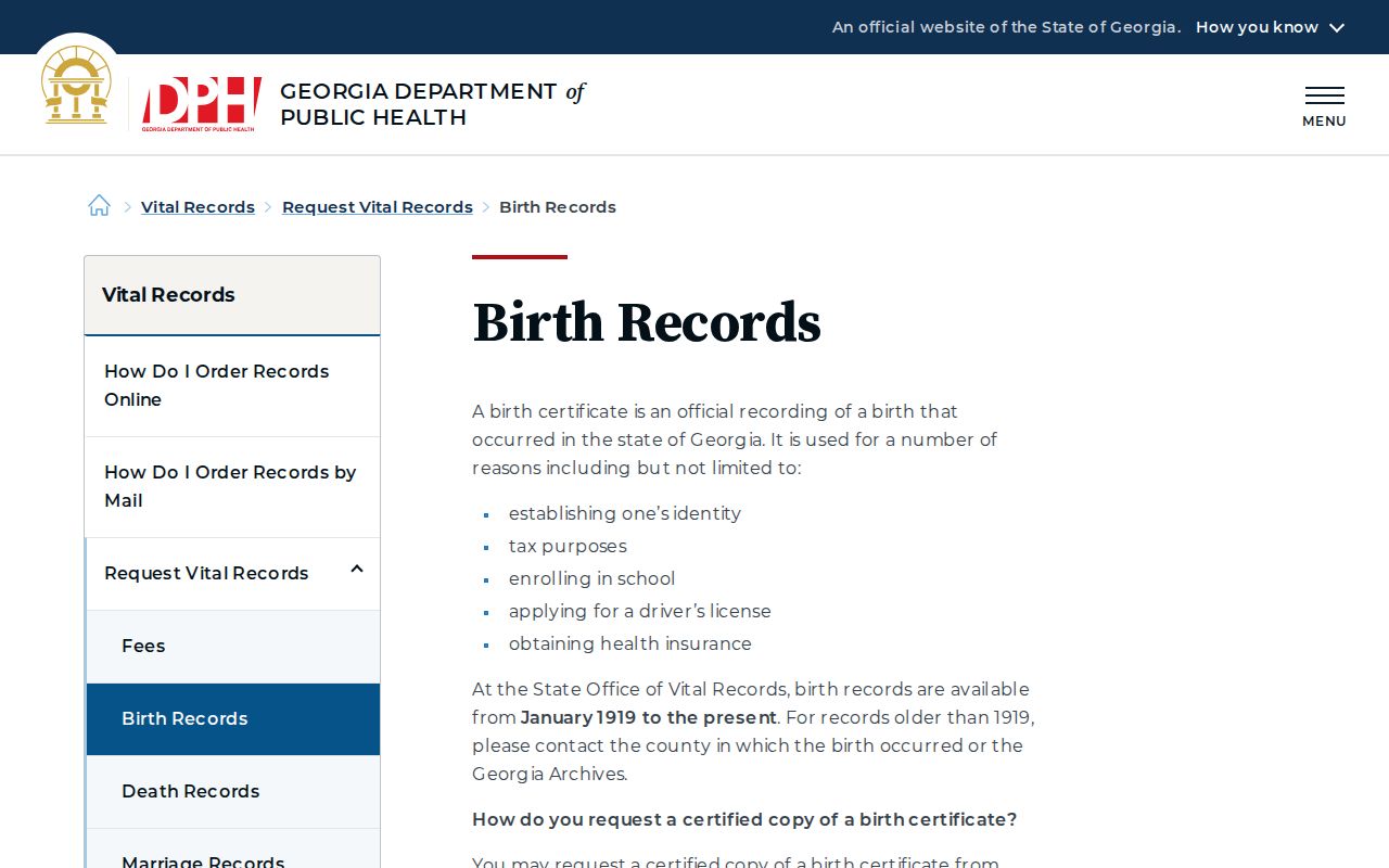 Georgia birth-record request instructions for eligible previous residents research