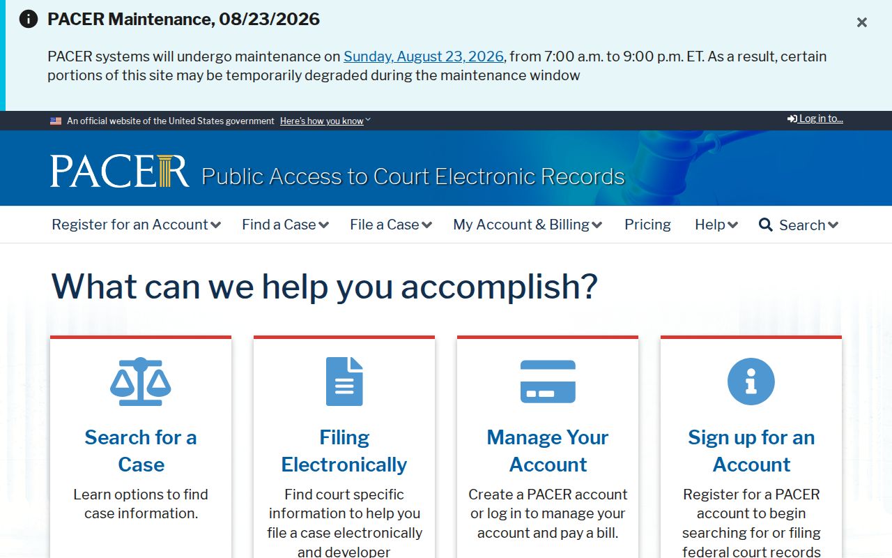 PACER federal court records access page for a known Lawrenceville case