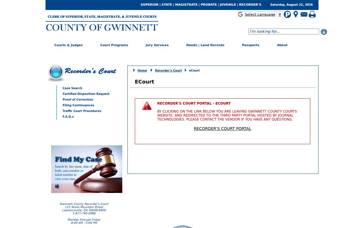 Gwinnett Recorder's Court source for a Lawrenceville resident lookup